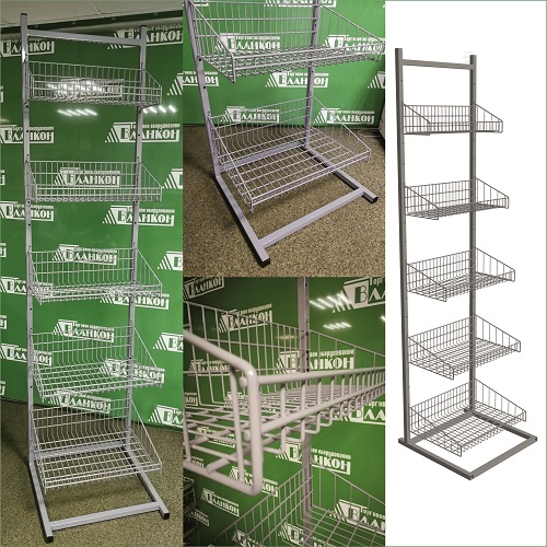 Стойка торговая сетчатая напольная с пятью корзинами для магазина купить в магазине торгового оборудования в Петербурге Стойка торговая сетчатая напольная с пятью корзинами для магазина купить в магазине торгового оборудования в Петербурге